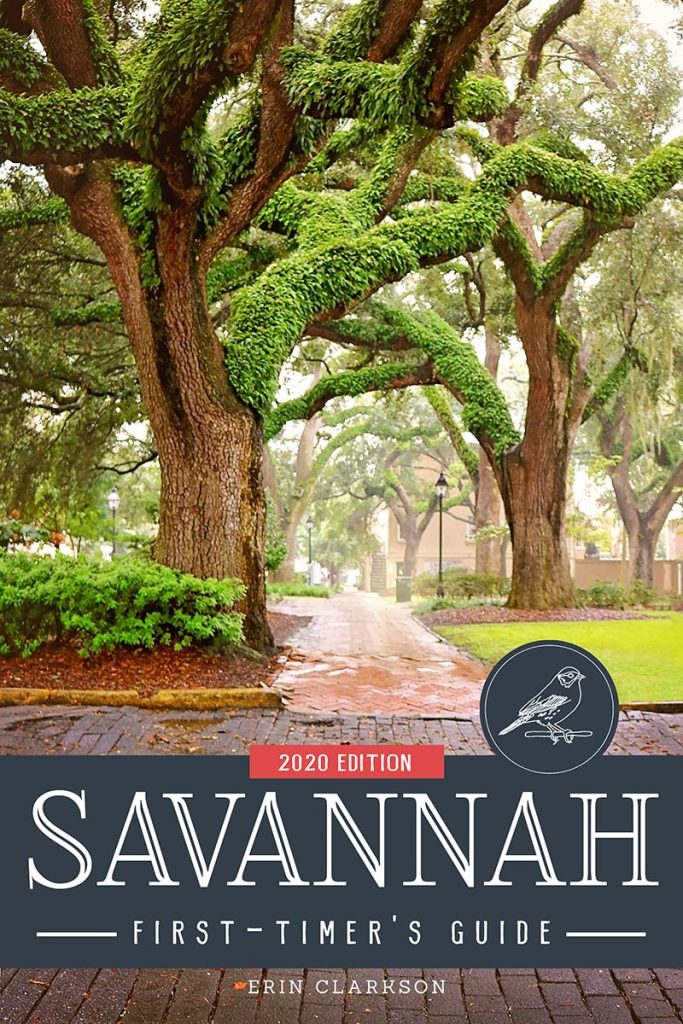 Savannah First-Timer's Guide book cover. Oak tree covered in resurrection fern in a foggy Chatham Square.