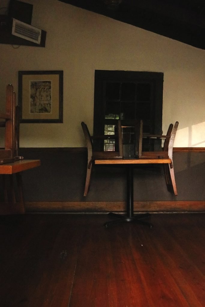 Empty restaurant interior with tables propped on the door