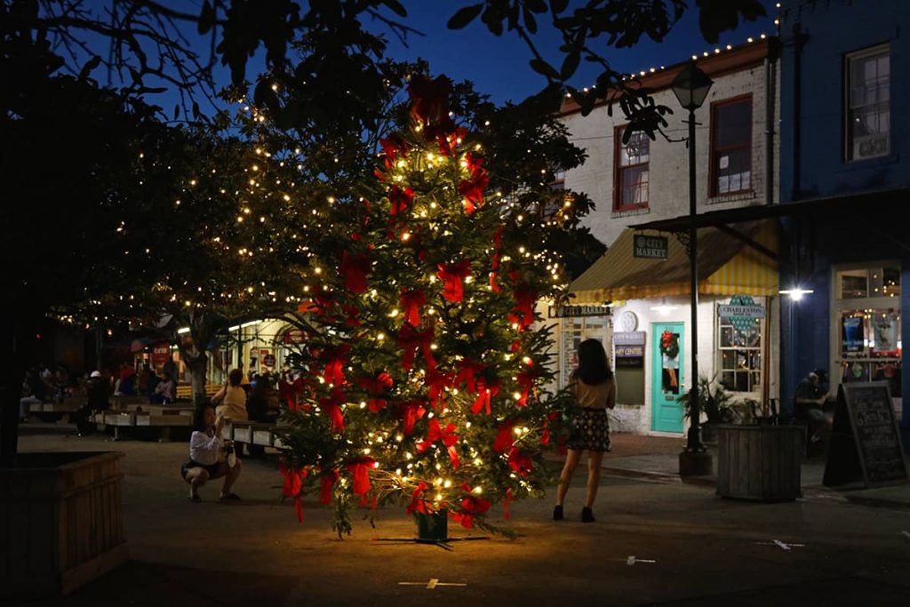 Christmas tree with white lights and red ribbons in the center of City Market in Savannah