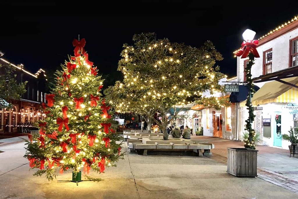 Christmas tree in City Market in Savannah at night
