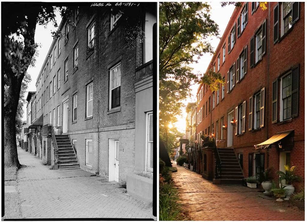 Side-by-side comparison of William Remshart row homes on Jones Street in Savannah from 1933 and 2021