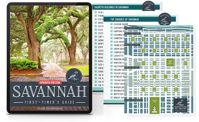 eReader showing Savannah First-Timer's Guide book cover, map of Savannah, and two printable checklists