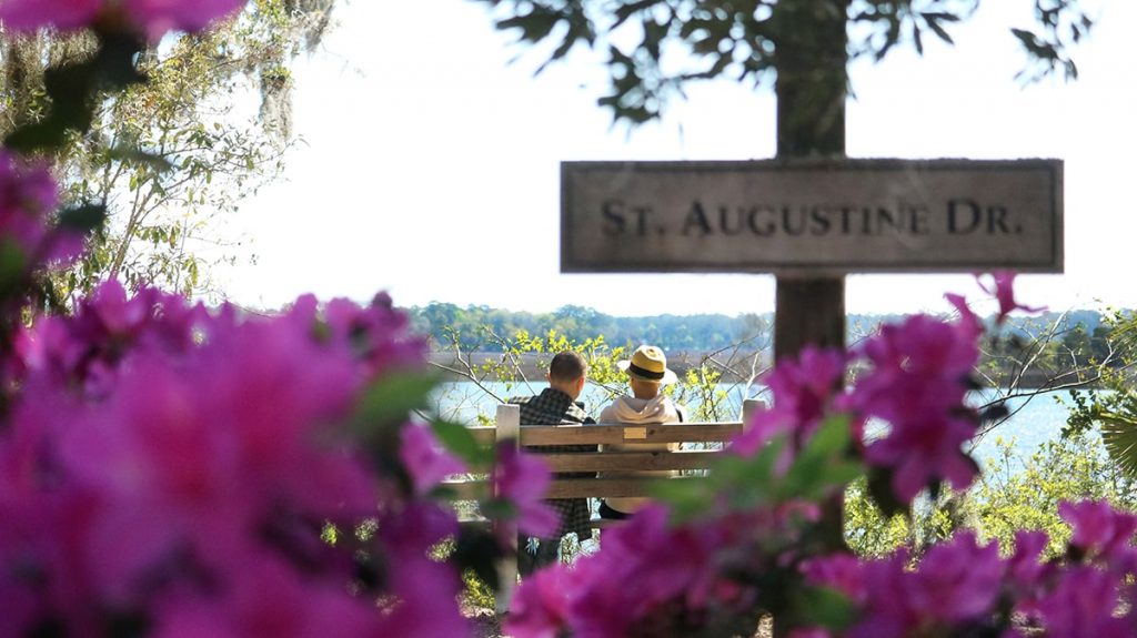 Peering through pink azaleas at a couple sitting on a bench looking out over the Wilmington River