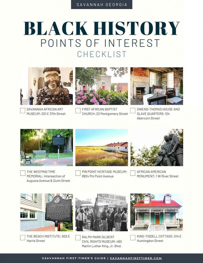 Printable checklist of Black history tours in Savannah Georgia