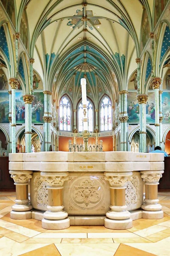 Intricate marble baptismal font at the Cathedral Basilica of St. John the Baptist in Savannah's Historic District