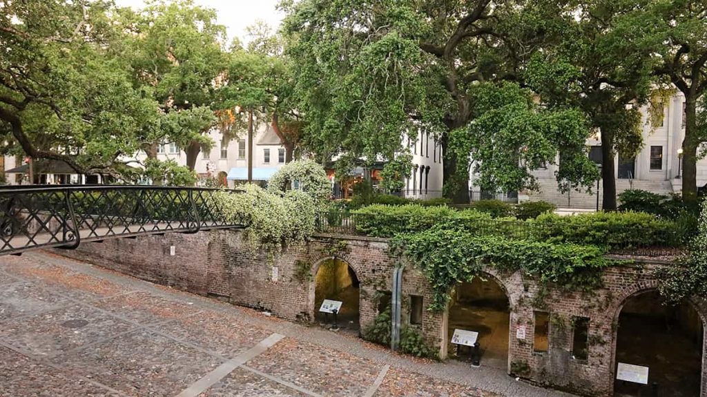 View of the Cluskey Vaults in Savannah from the Bay Street level of Factors Walk