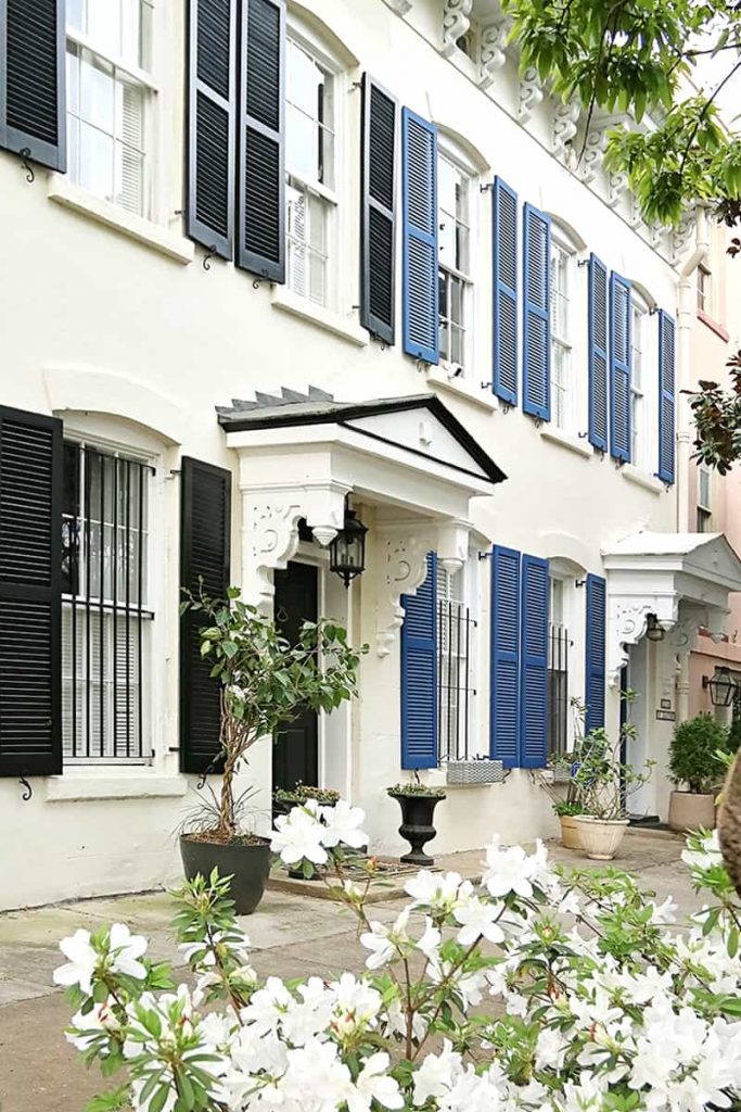 Savannah Historic District row homes with black and blue shutters