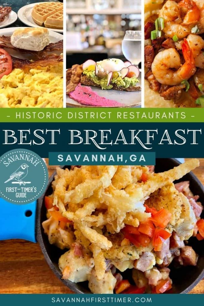 Pinnable image of four breakfast plates showing a variety of Southern-style foods with text overlay that reads Best Breakfast in Savannah GA