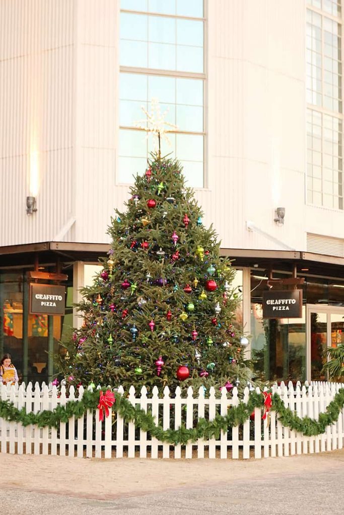 Daytime view of the Christmas tree in the Plant Riverside District. It's surrounded by a white picket fence draped in greenery and red bows