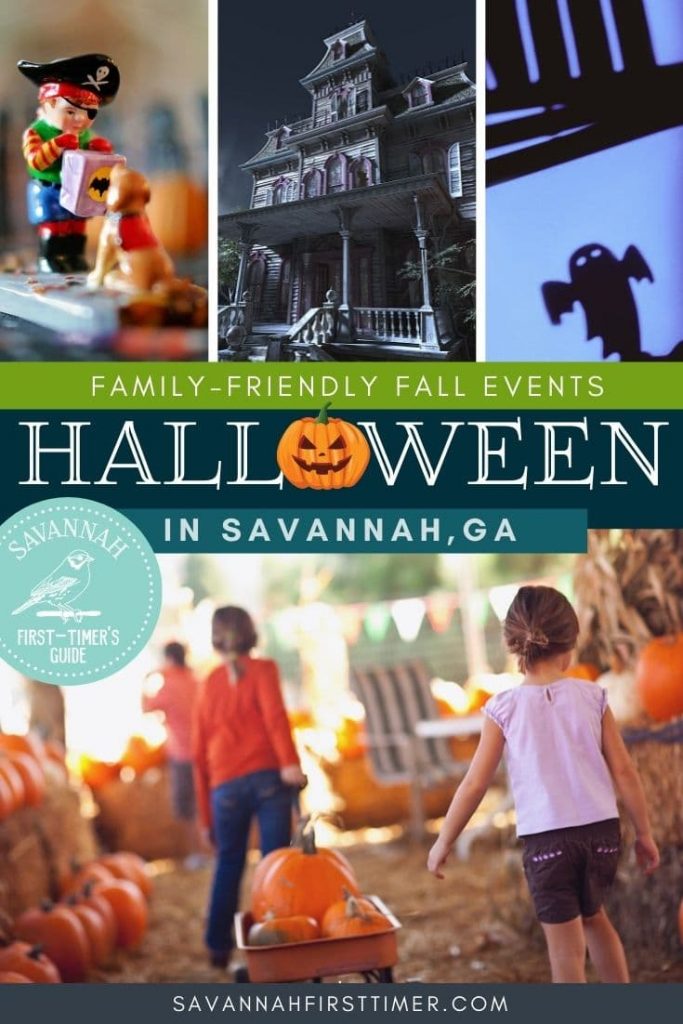 Pinnable graphic of four fall-themed photos with text overlay that reads family-friendly fall events in Savannah Georgia