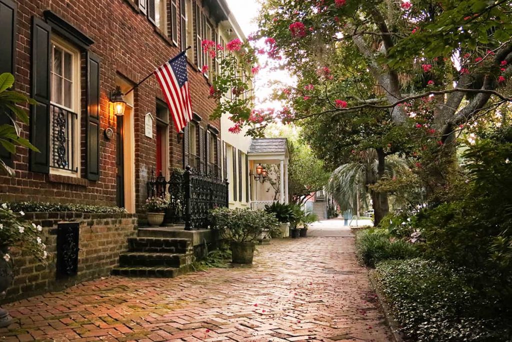 Historic brick sidewalks on must-see Jones Street in Savannah GA