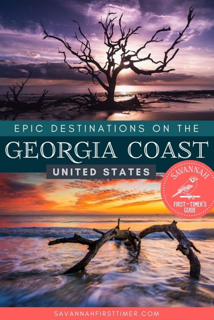 Pinnable graphic of two colorful beach sunsets with text overlay that reads Epic Destinations on the Georgia Coast USA