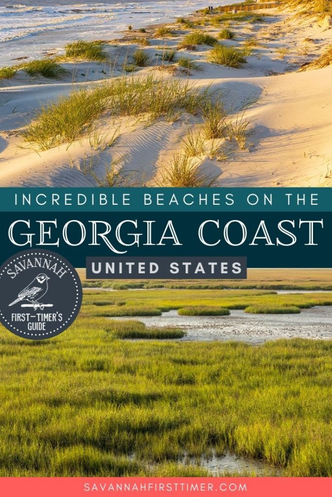 Pinnable graphic of golden sunset hues washed over a windswept beach and marsh with text overlay that reads Incredible Beaches on the Georgia Coast
