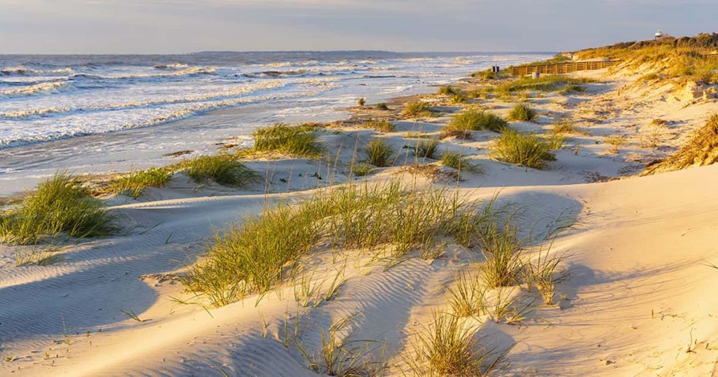 The rays of a golden sunset fall over windswept dunes along the Georgia coast