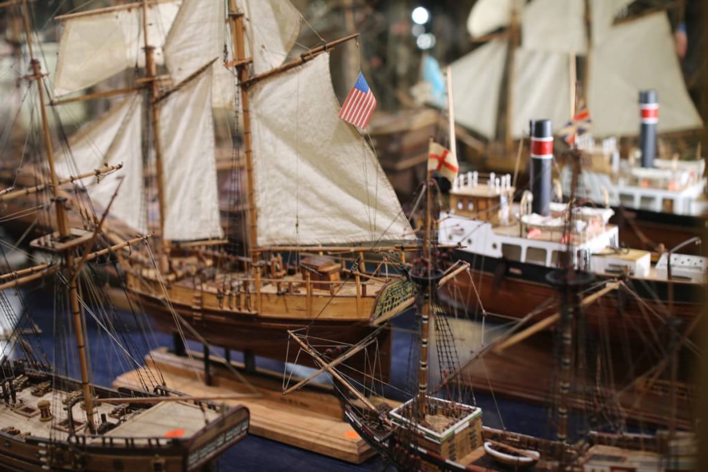 Close-up of a collection of model ships