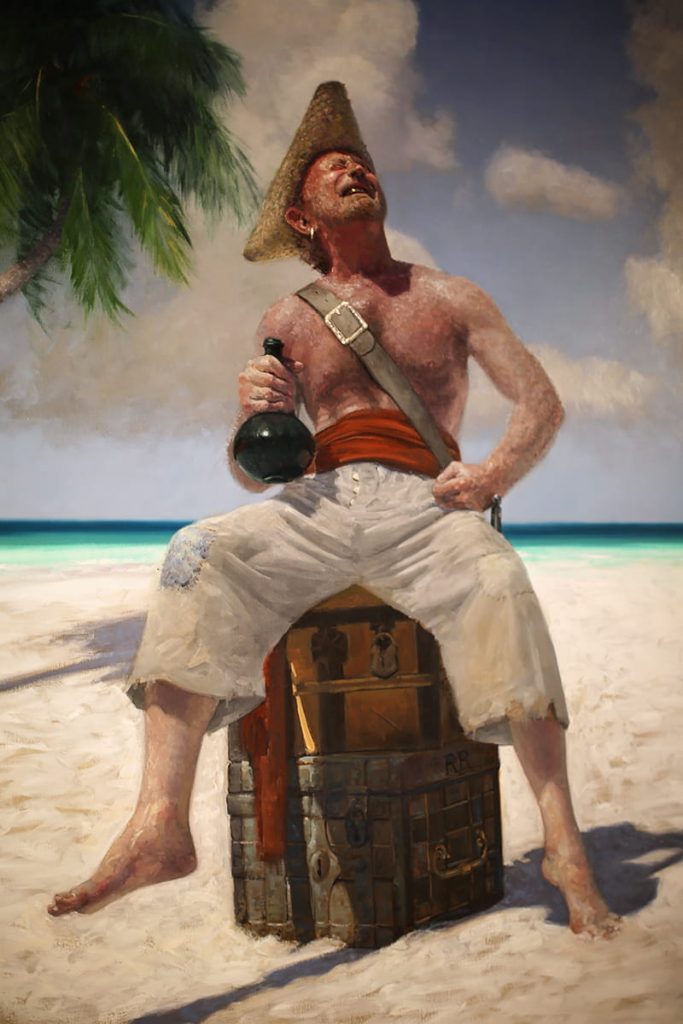 Oil painting of a shirtless pirate sitting on suitcases on the beach while holding a bottle of rum