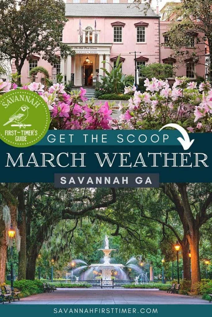 Pinnable graphic with two photos depicting Savannah weather in March