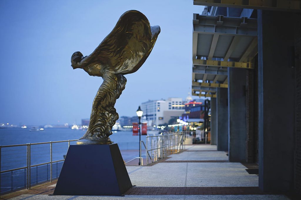 Statue of a windblown woman overlooking the Savannah River at Plant Riverside