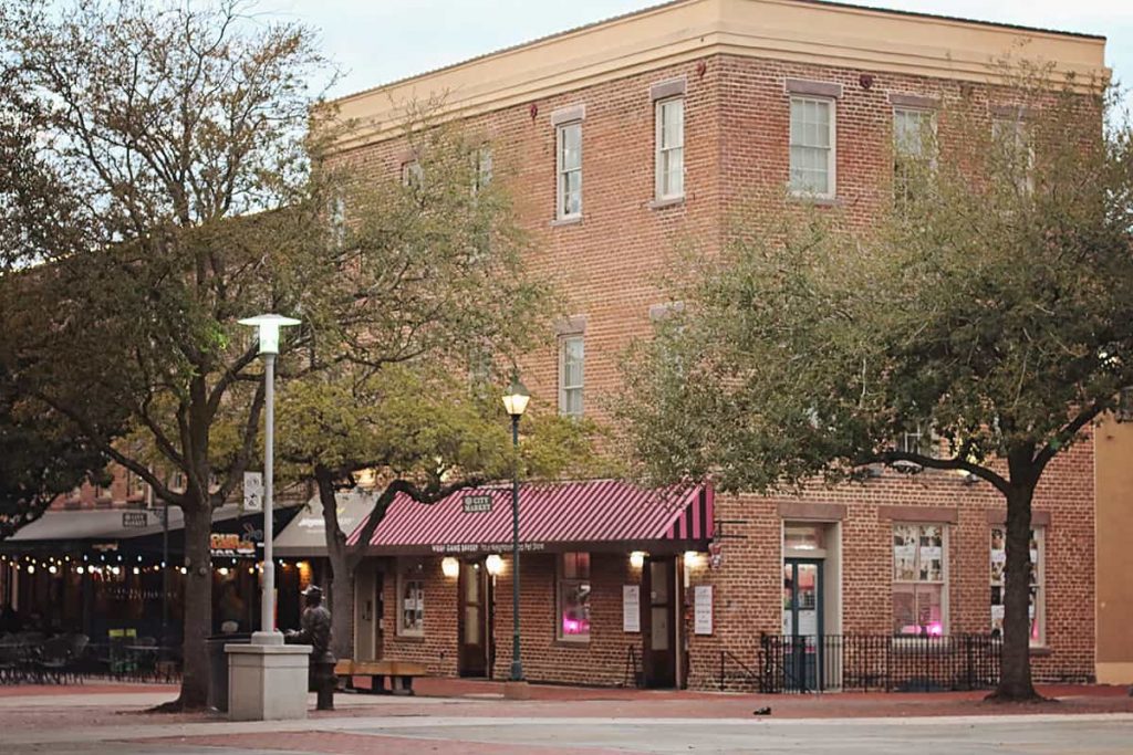The brick-faced three-story John Montmollin building in Savannah's City Market