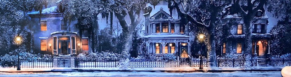 Storyboard rendering of a snowy evening scene showing three Victorian-style homes with gas lanterns casting a warm glow over the street and mature oaks in the yard of each home