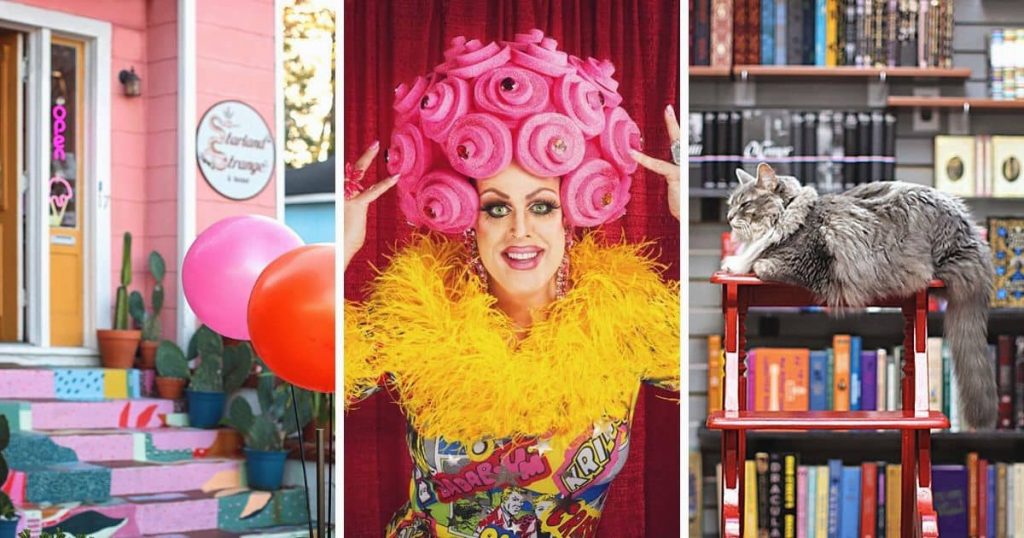 A grouping of three photos showing fun things to do in Savannah Georgia. The left shows a colorful storefront with pink and red balloons, the center shows a drag queen in colorful makeup, and the right shows a kitten sleeping atop a red stool surrounded by books.