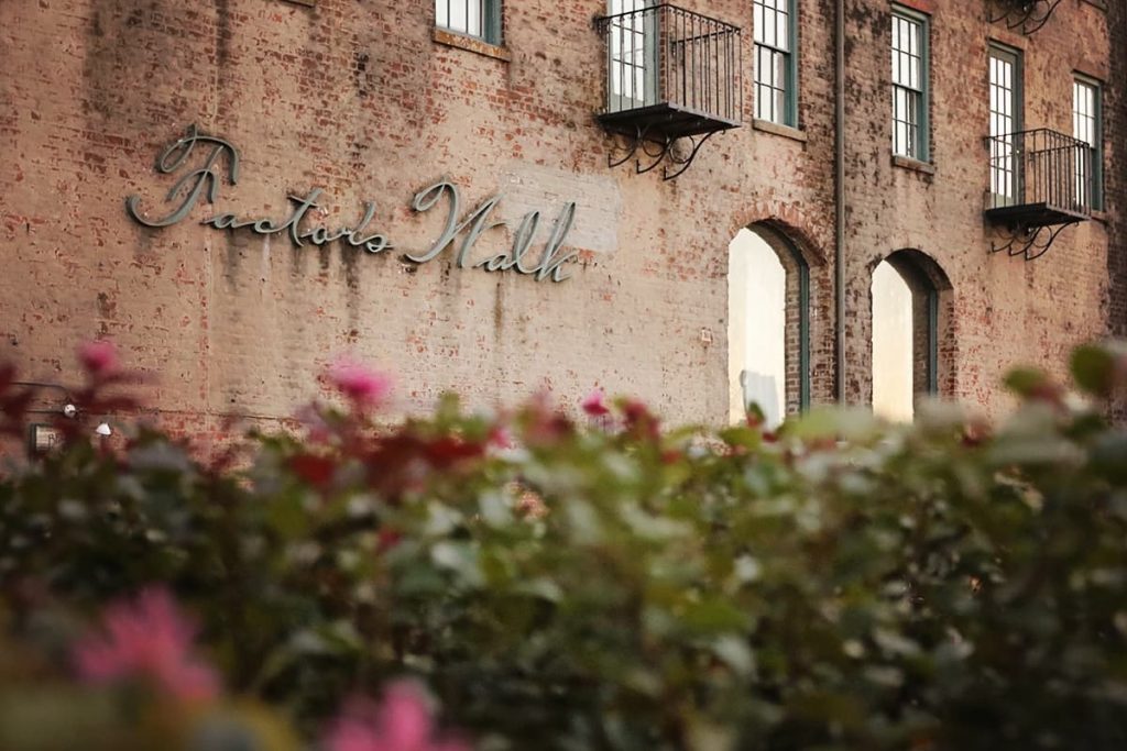 Peering through blooming plants at a historic brick building with a cursive metal sign that reads Factors Walk