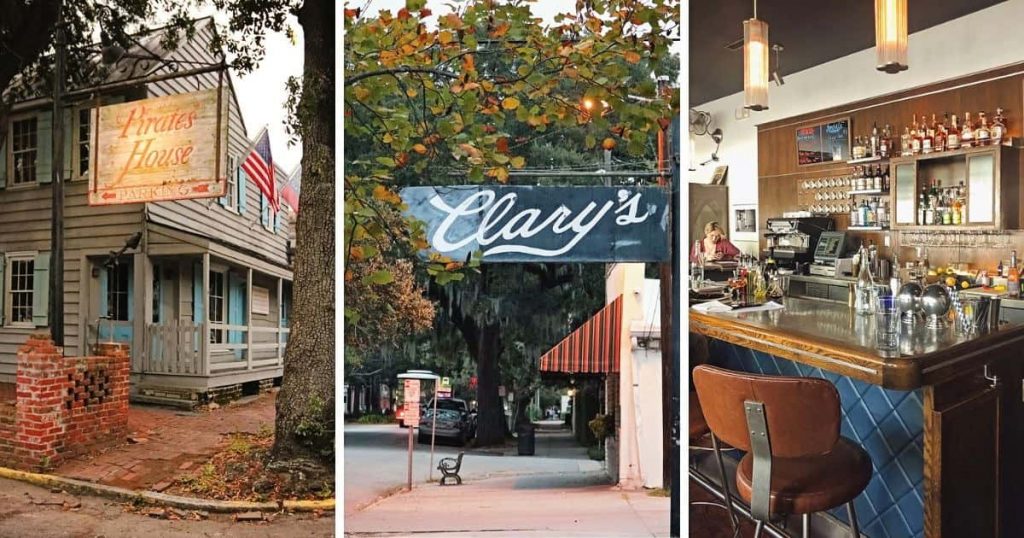 Graphic with three images, from the left a photo of the old wooden Pirates' House, the Clary's sign, and an indoor shot of the bar at The Grey restaurant