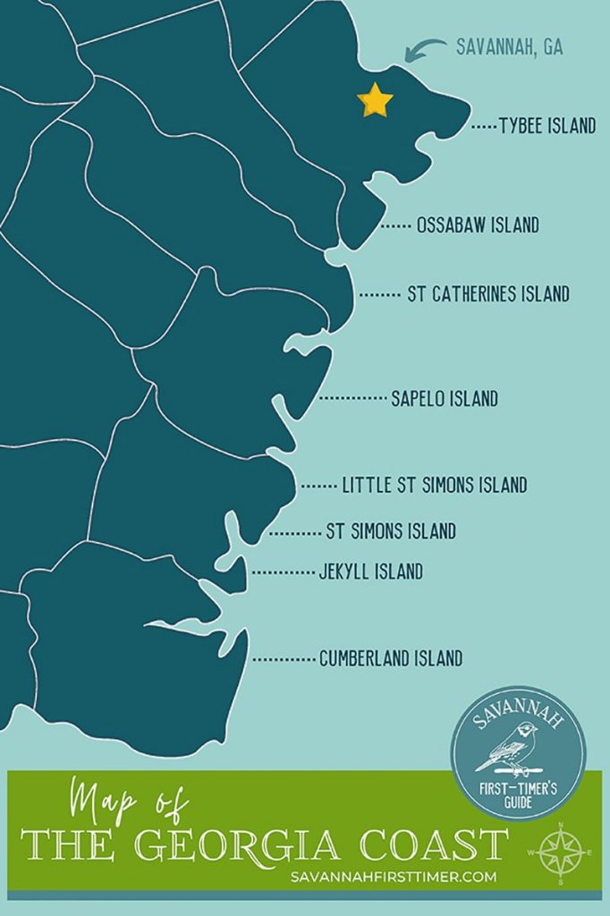 Pinnable graphic of a Georgia Coast Map in shades of blue and green. ©Savannah First-Timer's Guide