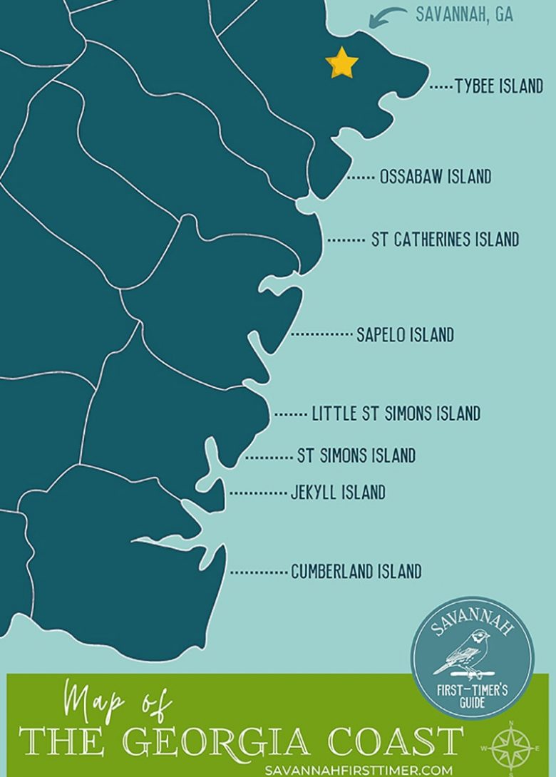 Pinnable graphic of a Georgia Coast Map in shades of blue and green. ©Savannah First-Timer's Guide
