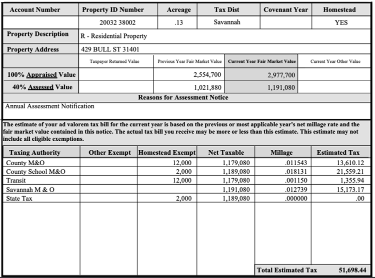 Tax assessor document showing the 2022 property tax values for the Mercer Williams House