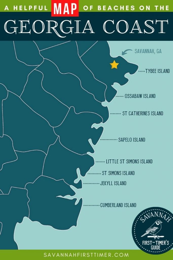 Pinnable graphic of a Georgia Coast Map in shades of blue and green, with the word "map" highlighted in red. ©Savannah First-Timer's Guide