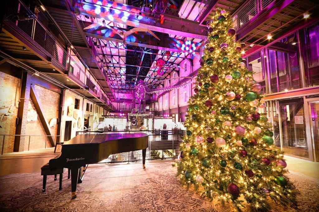 The JW Marriott Plant Riverside is one of the top hotels in Savannah that decorate for Christmas. Their lobby looks like a Vegas showroom with all the pink lights and the sparkly Christmas tree next to the grand piano