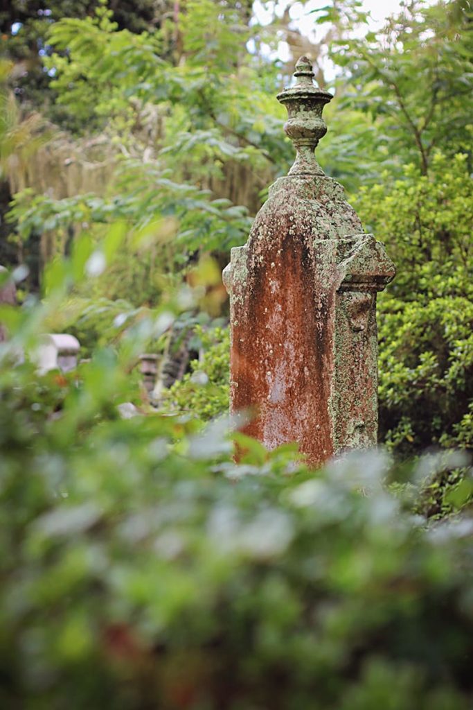 An elaborate Victorian-era funerary monument covered in rust-colored moss and light green lichen and surrounded by lush greenery in Laurel Grove Cemetery