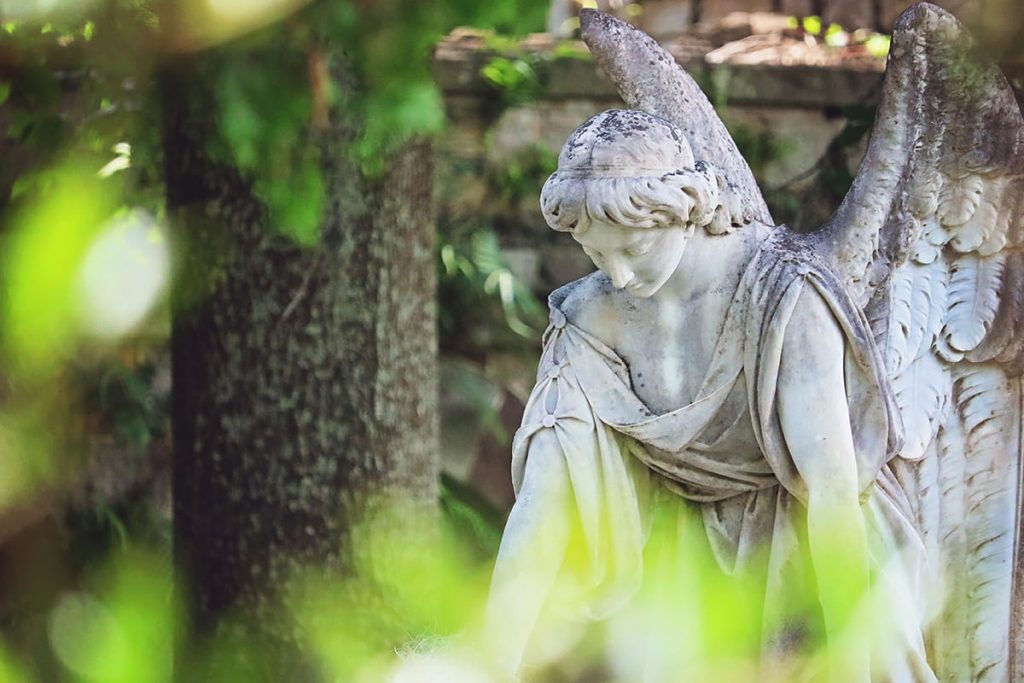 Peering through bright green leaves at the statue of an angel who is looking downward, as if deep in thought