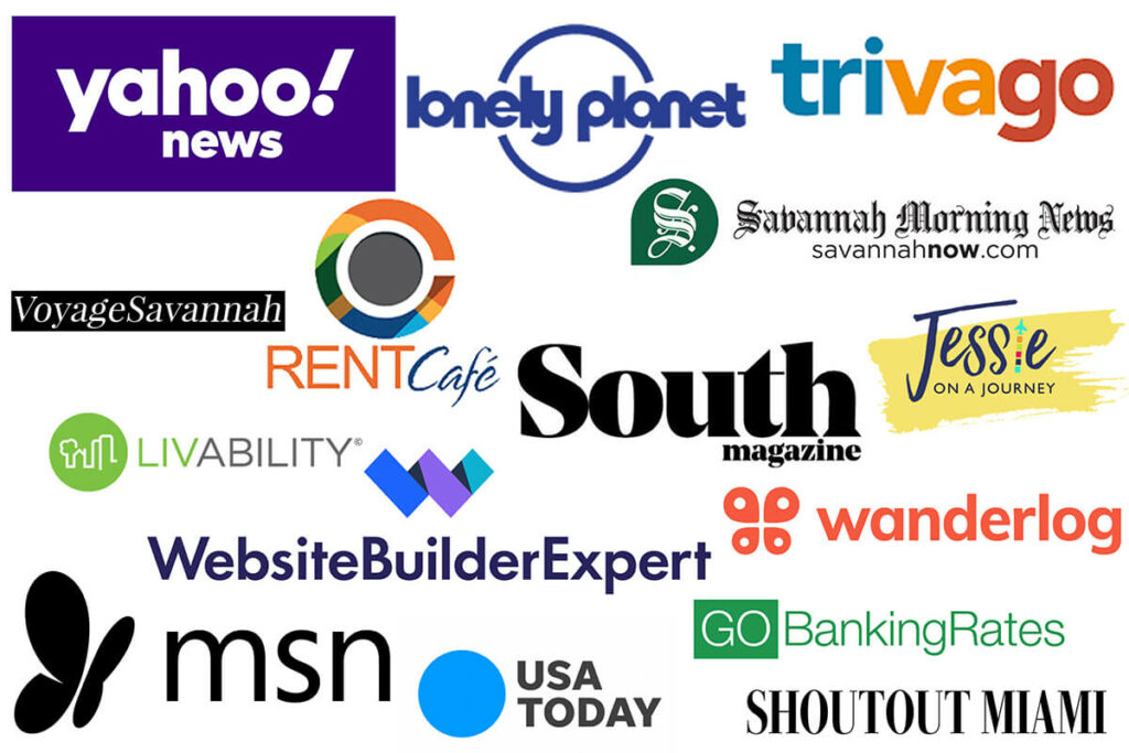 Savannah First-Timer's Guide Press logos for "As Seen In" publications including Yahoo! News, Lonely Planet, Trivago, MSN, USA Today, Savannah Morning News, South Magazine, Rent Cafe, Livability, Website Builder Expert, GO Banking Rates, and more