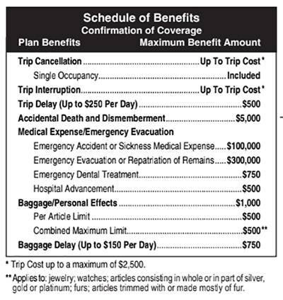 A schedule of benefits listing everything covered under a travel insurance plan from World Nomads