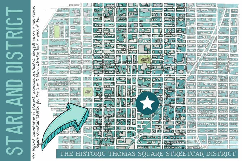 A hand-drawn and watercolored map of the Thomas Square Streetcar District with Bull Street and the 3 blocks directly to the east and west of it highlighted. A teal circle with a blue star indicates the Savannah Starland District portion of the map