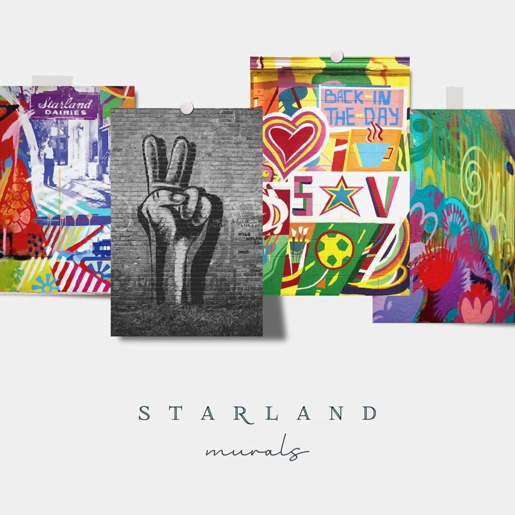 Three colorful mural photos and one B&W shot food all pinned or taped to a mood board with the words "Starland District Murals" displayed below