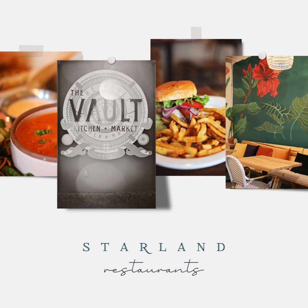 Four food photos pinned or taped to a mood board with the words "Starland restaurants" displayed below