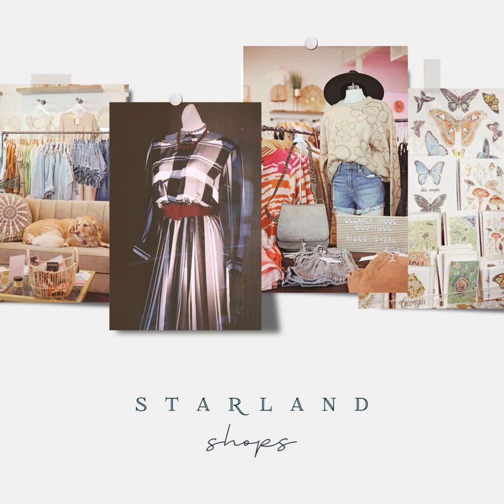 Four photos of vintage-style outfits and gifts all pinned or taped to a mood board with the words "Starland District Shops" displayed below