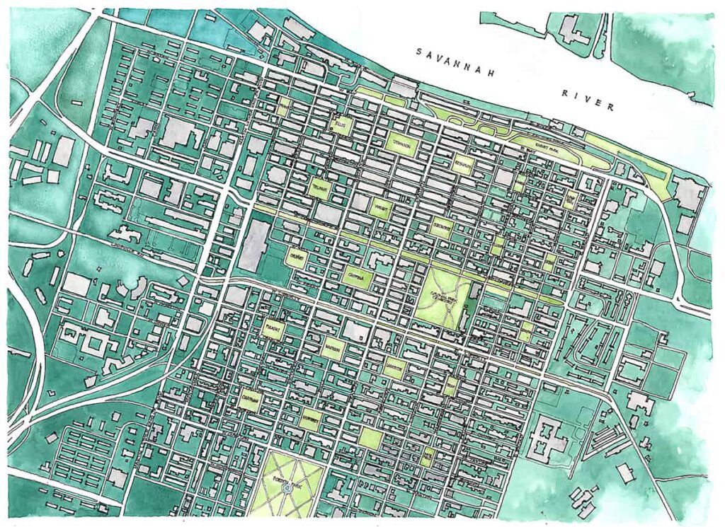 Savannah Historic District map sketched by Ivan Chow and watercolored in soothing shades of greens and blues exclusively for the Savannah First-Timer's Guide website