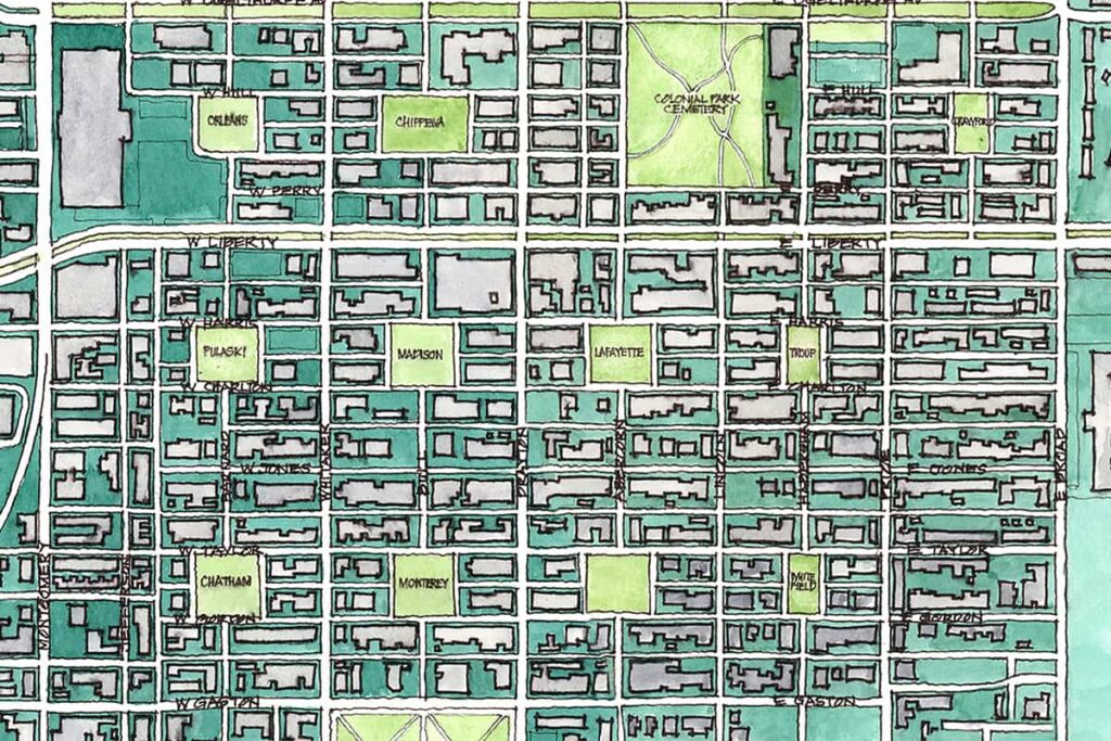 Watercolor map of the southern section of the Savannah Historic District. Map created by Ivan Chow Sketches exclusively for the Savannah First-Timer's Guide website