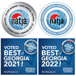 Logos showing awards Savannah First-Timer's Guide has received including (2) North American Travel Journalist Association awards and (2) Best of Georgia awards