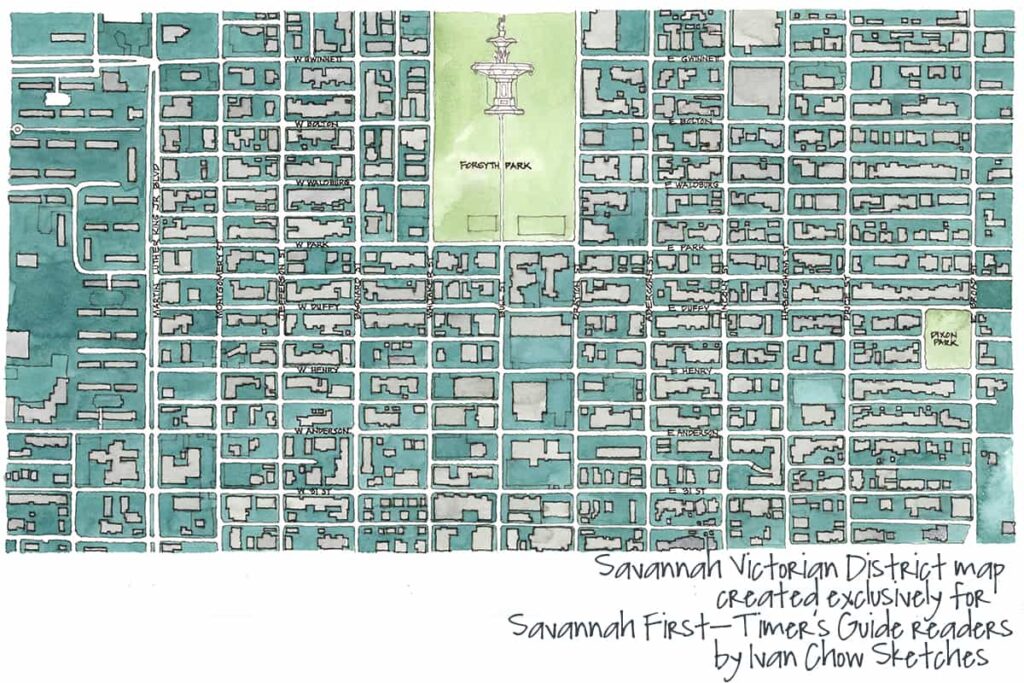 Blue and green watercolor map of Savannah's Victorian District. Map created by Ivan Chow Sketches exclusively for the Savannah First-Timer's Guide website