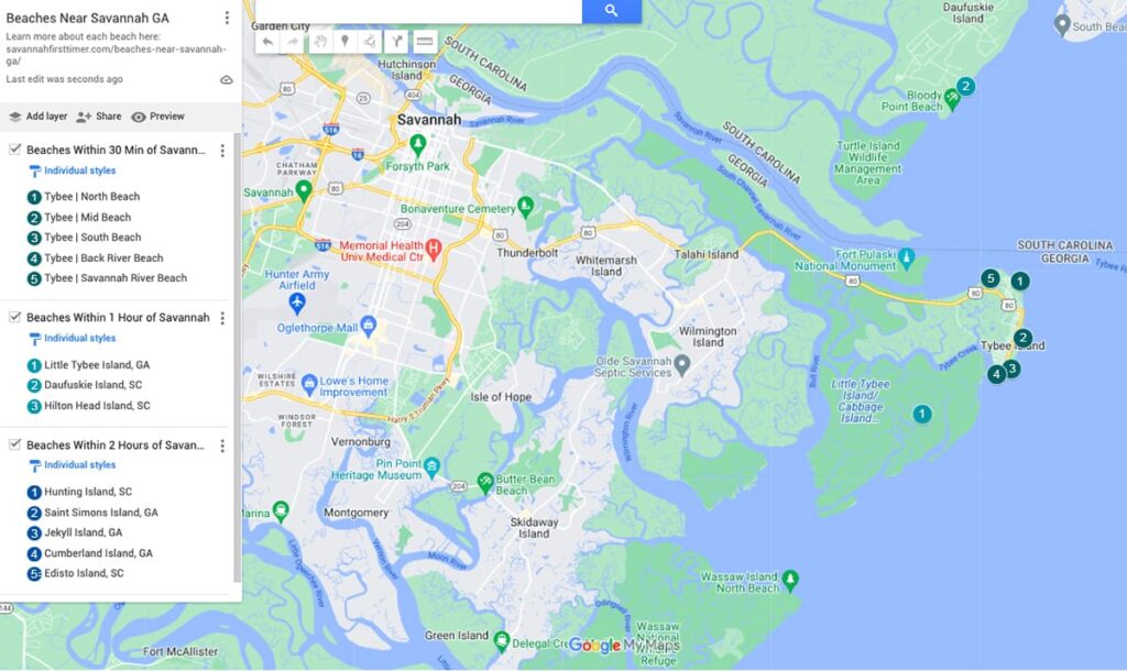 Google maps image showing Savannah and numbered icons showing beaches near Savannah GA