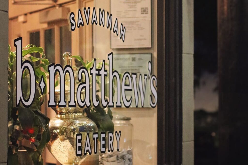 Sign on the window of B Matthew's Eatery, one of the best breakfast in Savannah spots