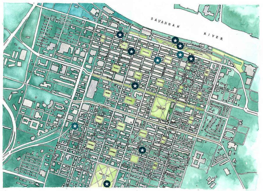 A watercolor map showing the best breakfast in Savannah with each location denoted by a blue circle with a star in the center