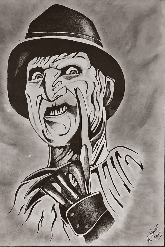 B&W drawing of Freddy Krueger with one skeletal finger resting against his cheek and an evil look in his eyes