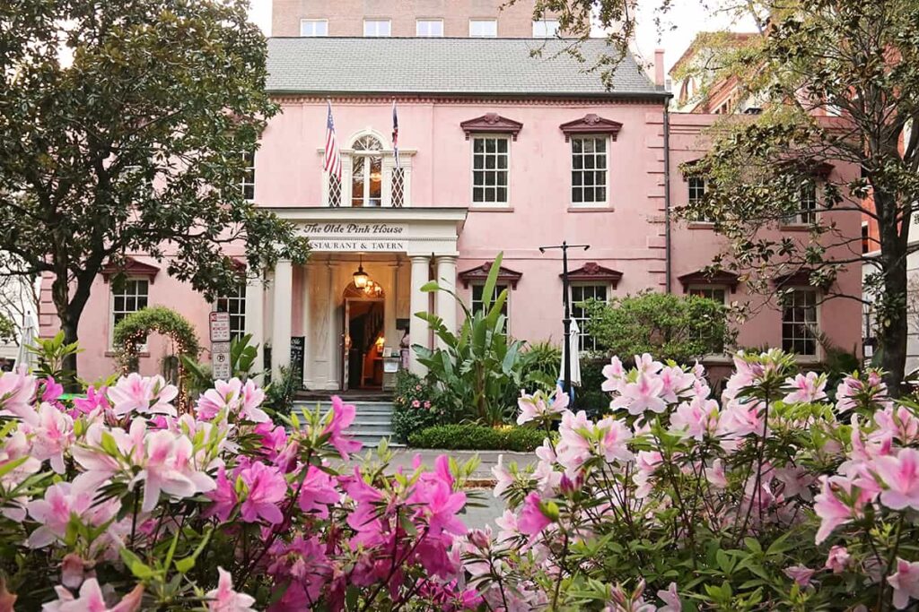 An assortment of hot pink and light pink azaleas in the foreground and The Olde Pink House restaurant in the background