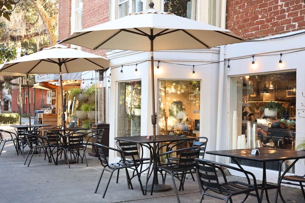 Fox & Fig is one of the top dog-friendly restaurants in Savannah thanks to this wide sidewalk area that offers plenty of space for 8 to 10 large tables shaded by oversized umbrellas